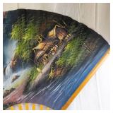 Hand-Painted Folding Fan - Bamboo Ribs, Scenic Village & Waterfall