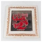 55 Chevy Cheap Thrills Tile Art - Red Car Graphic on Ornate Border