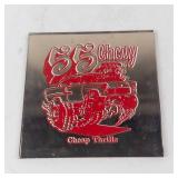 55 Chevy Cheap Thrills Tile Art - Red Car Graphic on Ornate Border