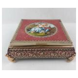 Antique French Jewelry Box with Romantic Couple Scene - Red Enamel, Gold Trim