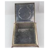 Antique French Jewelry Box with Romantic Couple Scene - Red Enamel, Gold Trim