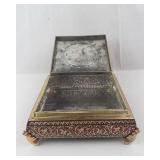 Antique French Jewelry Box with Romantic Couple Scene - Red Enamel, Gold Trim