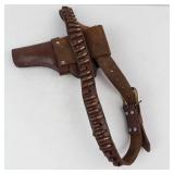 Leather Pistol Holster with Cartridge Belt - Vintage Brown Leather