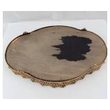 Vintage Oval Vanity Mirror with Ornate Gold-Tone Frame - Bowed Water-Damaged Wood Bottom