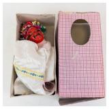 Chinese Doll With Red Face, White Silk Dress & Floral Headdress in Pink Box