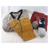 Grey 100% Wool V-Neck Sweater, Leather Gauntlet Gloves-Red Strap of Fabric, Grey/Blue Socks