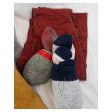 Grey 100% Wool V-Neck Sweater, Leather Gauntlet Gloves-Red Strap of Fabric, Grey/Blue Socks