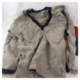 Grey 100% Wool V-Neck Sweater, Leather Gauntlet Gloves-Red Strap of Fabric, Grey/Blue Socks