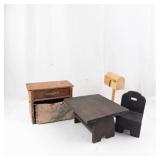 Miniature Dollhouse Furniture Set - Wooden Desk, Table and Chair & Silverware, Mailbox