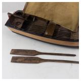 Wooden Sailboat Model - Tan Canvas Sail with Red Hull & 2 Oars