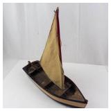 Wooden Sailboat Model - Tan Canvas Sail with Red Hull & 2 Oars