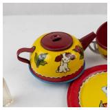 Ohio Art Co. Tin Children's Tea Set - Vintage Yellow/Red with Girl & Dog Motifs