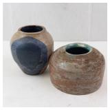 Pair of Stoneware Vases - Handmade Pottery with Blue & Tan Glazes