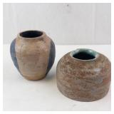 Pair of Stoneware Vases - Handmade Pottery with Blue & Tan Glazes