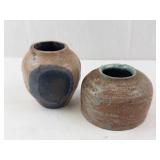 Pair of Stoneware Vases - Handmade Pottery with Blue & Tan Glazes
