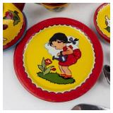 Ohio Art Co. Tin Children's Tea Set - Vintage Yellow/Red with Girl & Dog Motifs