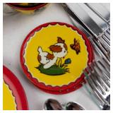 Ohio Art Co. Tin Children's Tea Set - Vintage Yellow/Red with Girl & Dog Motifs