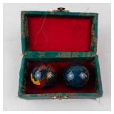 Baoding Balls Pair in Teal Box - Enamel Dragon Motifs, Made in China