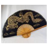 Dragon Hand Fan - Black Silk with Gold Foil Dragon Motif, Wooden Ribs