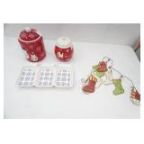 Ceramic Red Snowflake Canisters/Cookie Jars, Divided Ceramic Serving Tray, Metal Believe Stocking Door Hang