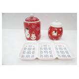 Ceramic Red Snowflake Canisters/Cookie Jars, Divided Ceramic Serving Tray, Metal Believe Stocking Door Hang
