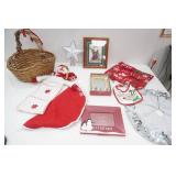 Holiday Wicker Basket with Christmas Decor & Linens. Star Tree Topper