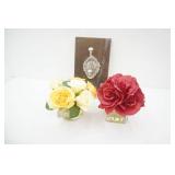 Rose Arrangements in Epoxy w/glass vases, decorative cast metal ornate hook
