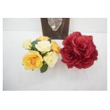 Rose Arrangements in Epoxy w/glass vases, decorative cast metal ornate hook