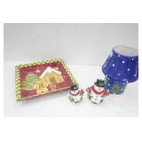Ceramic Holiday Serving Platter, Ceramic Lantern, Snowman Candle