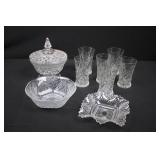 Crystal Glassware Set - 6 Glasses, Lidded Sugar Bowl, Compote & Square Dish Crystal Glassware Set - 6 Glasses, Lidded Sugar Bowl, Compote & Square Dish