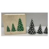 Vintage Dept. 56 Collectibles Including  Dickens 'ASHLEY POND SKATING PARTY' Missing One Figure Set & Porcelain Evergreen Trees In Original Box