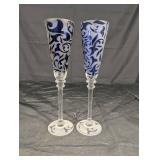 Michael Weeks 2005 Blue Frosted Etched Champagne Flutes - Set of 2 Michael Weeks 2005 Blue Frosted Etched Champagne Flutes - Set of 2