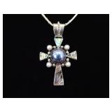 .925 Sterling Silver Abalone and Black Pearl Cross Pendant and Thick Necklace .925 Sterling Silver Abalone and Black Pearl Cross Pendant and Thick Necklace