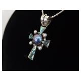 .925 Sterling Silver Abalone and Black Pearl Cross Pendant and Thick Necklace .925 Sterling Silver Abalone and Black Pearl Cross Pendant and Thick Necklace