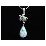 .925 Sterling Silver Larimar and Topaz Turtle Dangle Pendant Necklace .925 Sterling Silver Larimar and Topaz Turtle Dangle Pendant Necklace