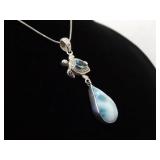 .925 Sterling Silver Larimar and Topaz Turtle Dangle Pendant Necklace .925 Sterling Silver Larimar and Topaz Turtle Dangle Pendant Necklace