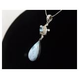 .925 Sterling Silver Larimar and Topaz Turtle Dangle Pendant Necklace .925 Sterling Silver Larimar and Topaz Turtle Dangle Pendant Necklace