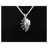 .925 Sterling Silver Black Sapphire Crystal Leaf Pendant Necklace .925 Sterling Silver Black Sapphire Crystal Leaf Pendant Necklace
