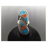 .925 Sterling Silver Inlayed turquoise and Coral Yin Yang Ring Size 6.25 .925 Sterling Silver Inlayed turquoise and Coral Yin Yang Ring Size 6.25