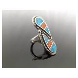 .925 Sterling Silver Inlayed turquoise and Coral Yin Yang Ring Size 6.25 .925 Sterling Silver Inlayed turquoise and Coral Yin Yang Ring Size 6.25