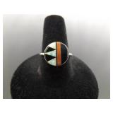 .925 Sterling Silver Inlayed Opal, Coral, and Onyx Hopi Ring Size 8.75 .925 Sterling Silver Inlayed Opal, Coral, and Onyx Hopi Ring Size 8.75