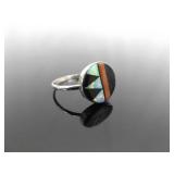 .925 Sterling Silver Inlayed Opal, Coral, and Onyx Hopi Ring Size 8.75 .925 Sterling Silver Inlayed Opal, Coral, and Onyx Hopi Ring Size 8.75
