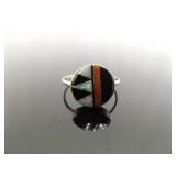 .925 Sterling Silver Inlayed Opal, Coral, and Onyx Hopi Ring Size 8.75 .925 Sterling Silver Inlayed Opal, Coral, and Onyx Hopi Ring Size 8.75