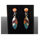 .925 Sterling Silver Multi Colored Inlayed Stone Hopi Dangle Hook Earrings .925 Sterling Silver Multi Colored Inlayed Stone Hopi Dangle Hook Earrings