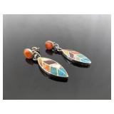 .925 Sterling Silver Multi Colored Inlayed Stone Hopi Dangle Hook Earrings .925 Sterling Silver Multi Colored Inlayed Stone Hopi Dangle Hook Earrings