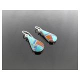 .925 Sterling Silver Multi Colored Inlayed Stone Hopi Dangle Hook Earrings .925 Sterling Silver Multi Colored Inlayed Stone Hopi Dangle Hook Earrings