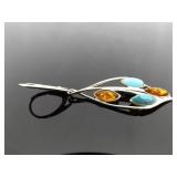 .925 Sterling Silver Amber, Howlite and Cats Eye Hinged Latch Dangle Earrings .925 Sterling Silver Amber, Howlite and Cats Eye Hinged Latch Dangle Earrings