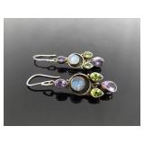 .925 Sterling Silver Peridot, Moonstone, and Amethyst Dangle Hook Earrings .925 Sterling Silver Peridot, Moonstone, and Amethyst Dangle Hook Earrings