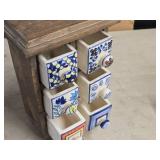 Apothecary Spice Cabinet by Pier 1 - Rustic Wood Frame with (6) Handpainted Ceramic Drawers Apothecary Spice Cabinet by Pier 1 - Rustic Wood Frame with (6) Handpainted Ceramic Drawers