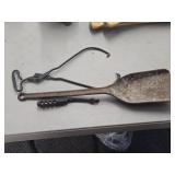 Lot of (3) Vintage Cast Iron Tools - Ice Tongs, Wood Cook Stove Lid Lifter, Shovel Lot of (3) Vintage Cast Iron Tools - Ice Tongs, Wood Cook Stove Lid Lifter, Shovel